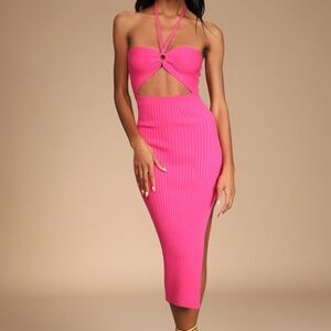 Lulus Leading The Trends Hot Pink Ribbed Knit Cutout Halter Midi Dress - Size M
